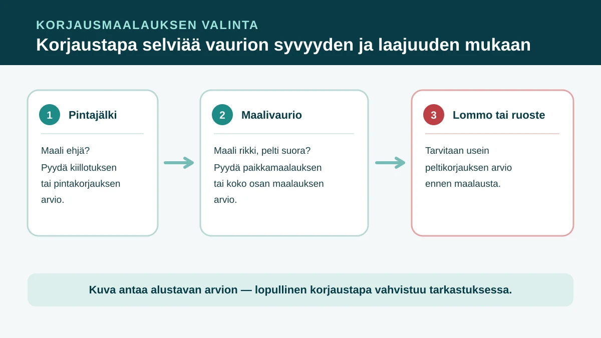 Korjaustavan valintapolku: pinnallinen jälki voi sopia kiillotuksen arvioon, maalivaurio maalausarvioon ja lommo tai ruoste peltikorjaukseen ennen maalausta