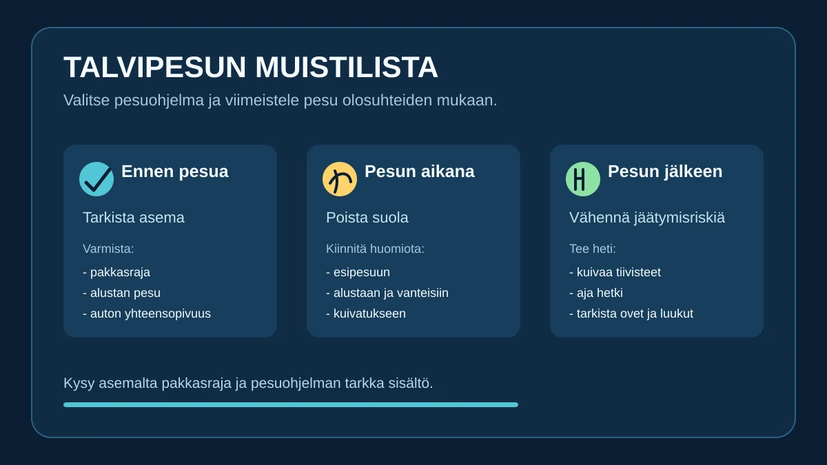 Talvipesun muistilista: tarkista pakkasraja ja alustan pesu ennen pesua, poista suola pesun aikana ja kuivaa tiivisteet sekä tarkista ovet pesun jälkeen