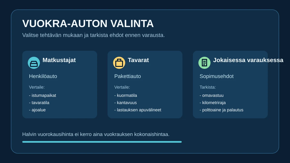 Vuokra-auton valinta: henkilöauto matkustajille, pakettiauto tavaroille ja jokaisessa varauksessa omavastuun, kilometrirajan sekä palautusehdon tarkistus