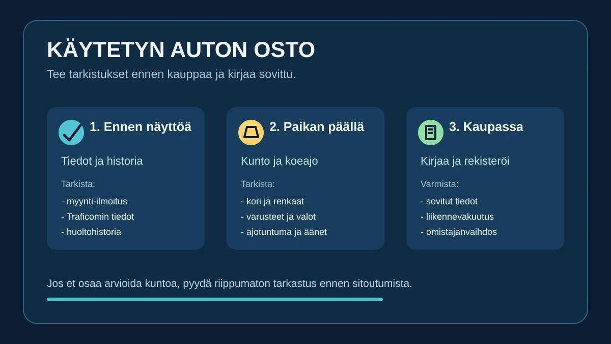 Käytetyn auton oston toimintapolku: tiedot ja historia ennen näyttöä, kunto ja koeajo paikan päällä sekä kirjalliset ehdot, vakuutus ja omistajanvaihdos kaupassa
