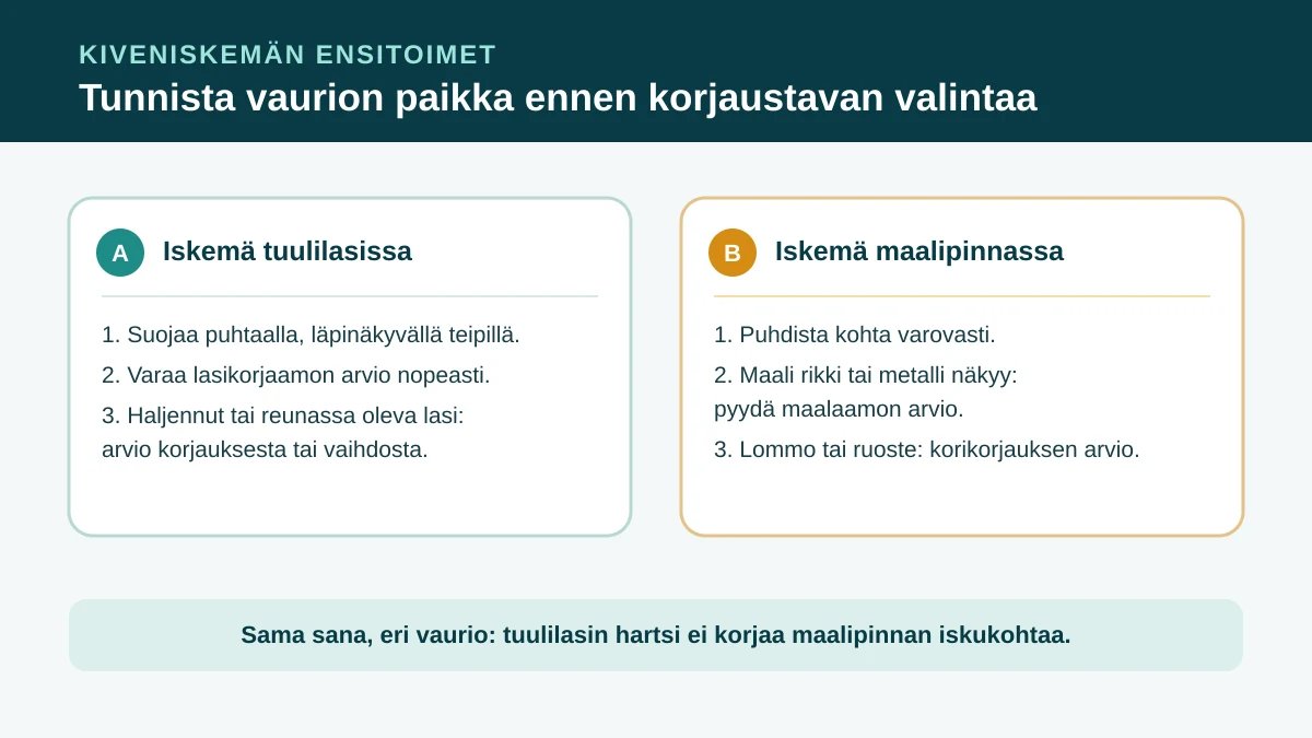 Kiveniskemän toimintapolku: lasivaurio suojataan ja arvioidaan lasikorjaamolla, maalivaurio arvioidaan maalaamossa, näkyvä ruoste tai lommo vaatii korikorjauksen arvion